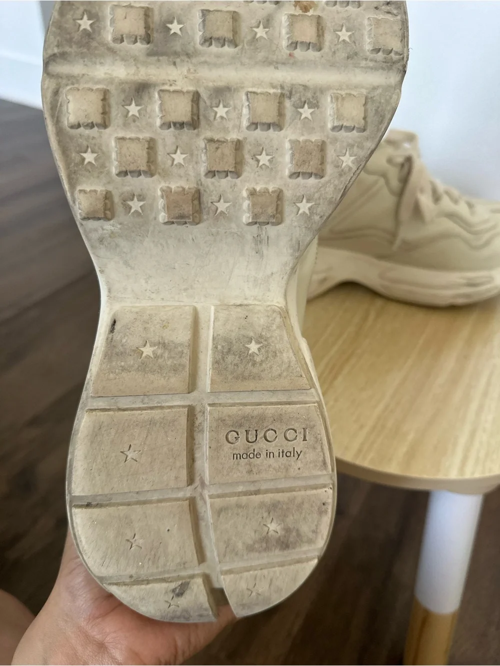 Gucci Cream Leather Platform Sneakers with Green & Red Web